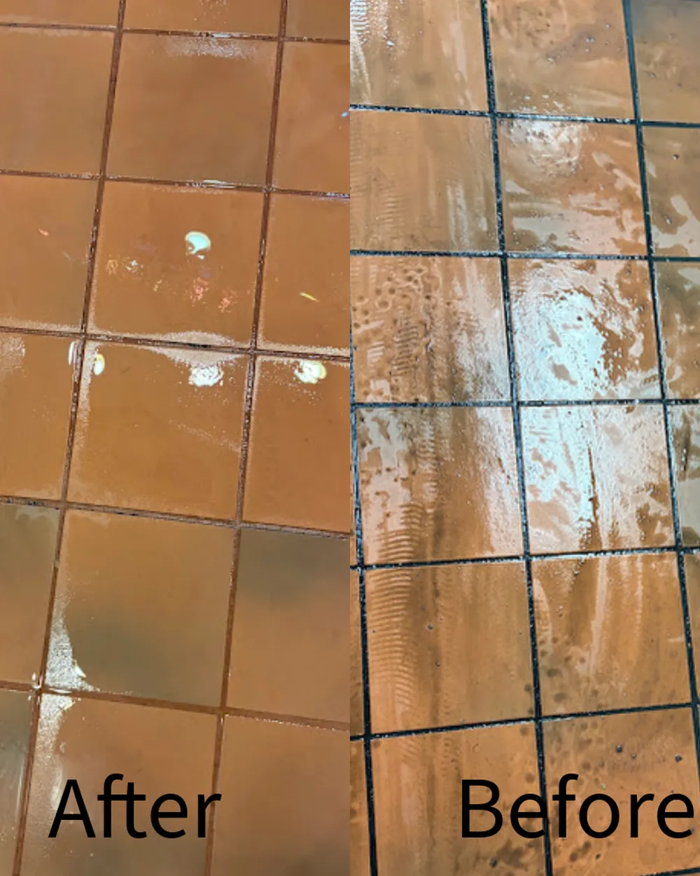 Saltillo tile floor shown after and before refinishing, the darkened coating stripped from the left half