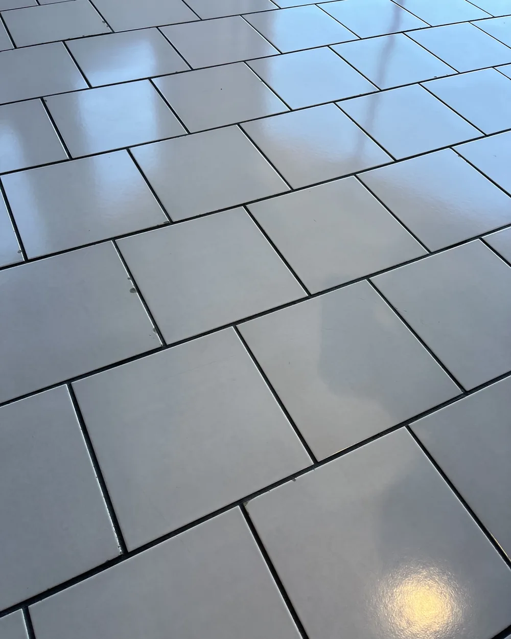 Light grey floor tile with dark grout lines after cleaning and color sealing